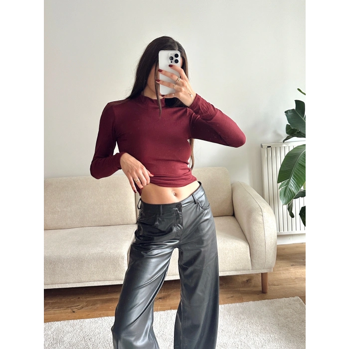 Balıkçı Yaka Buzzy Crop - BORDO