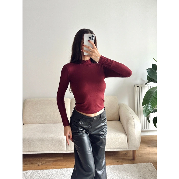 Balıkçı Yaka Buzzy Crop - BORDO