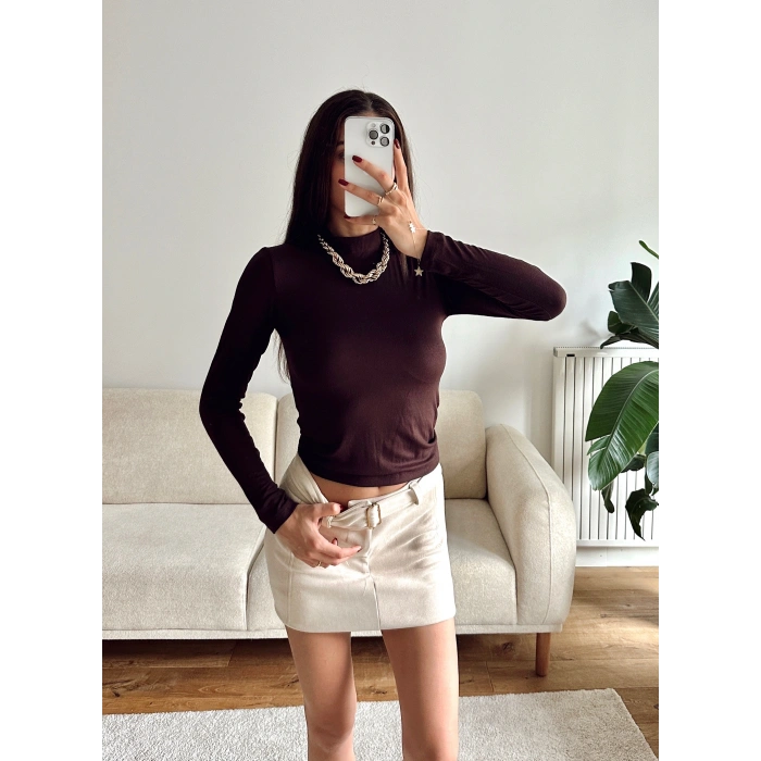 Balıkçı Yaka Buzzy Crop - KAHVE