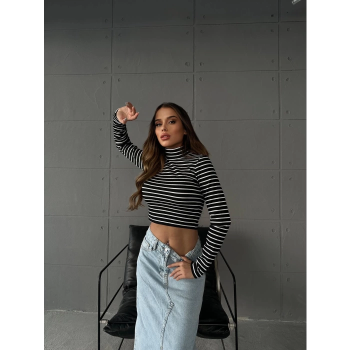 Balıkçı Yaka Çizgili Crop Bluz-SİYAH