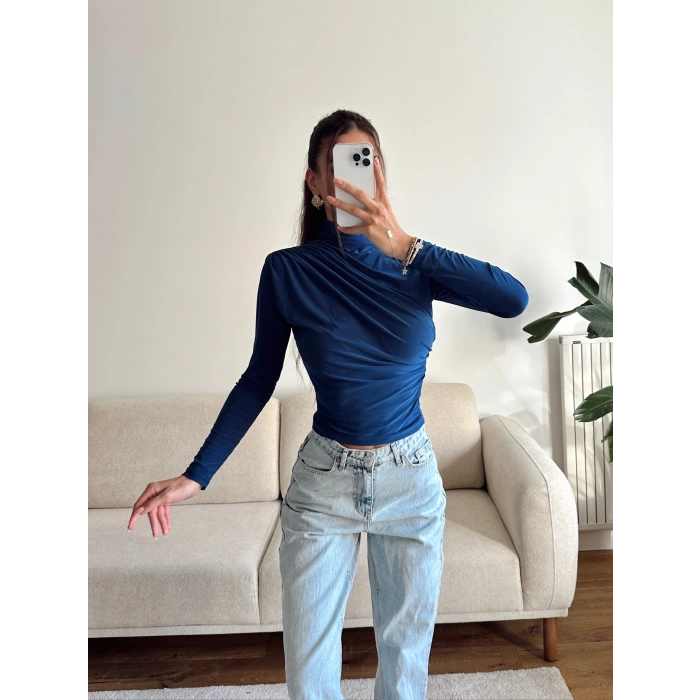 Balıkçı Yaka Drapeli Bluz - LACİVERT
