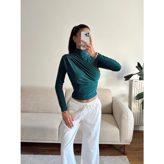 Balıkçı Yaka Drapeli Bluz - YEŞİL