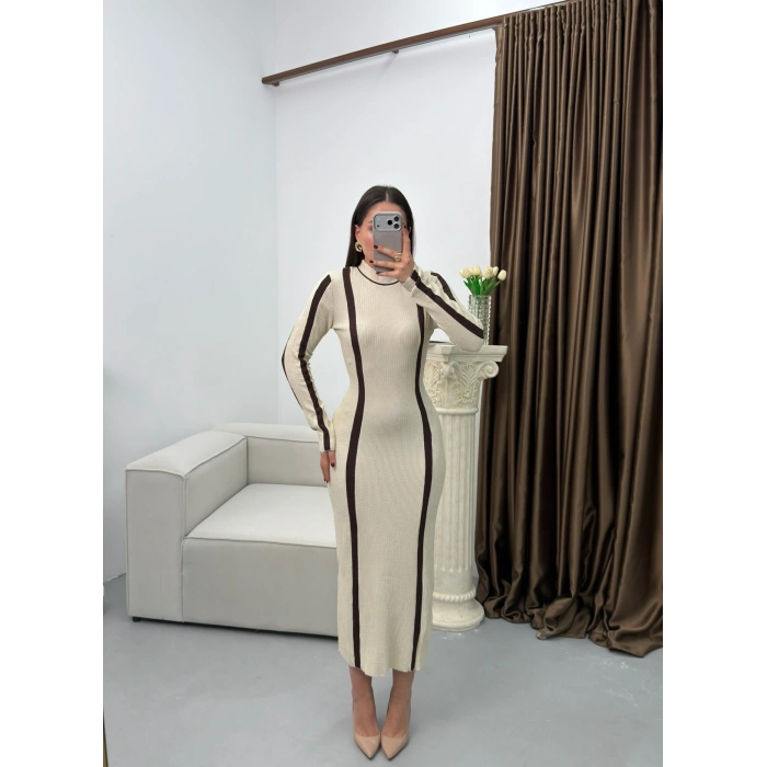 Balıkçı Yaka Garnili Elbise - BEJ