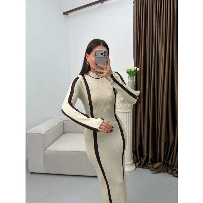 Balıkçı Yaka Garnili Elbise - BEJ