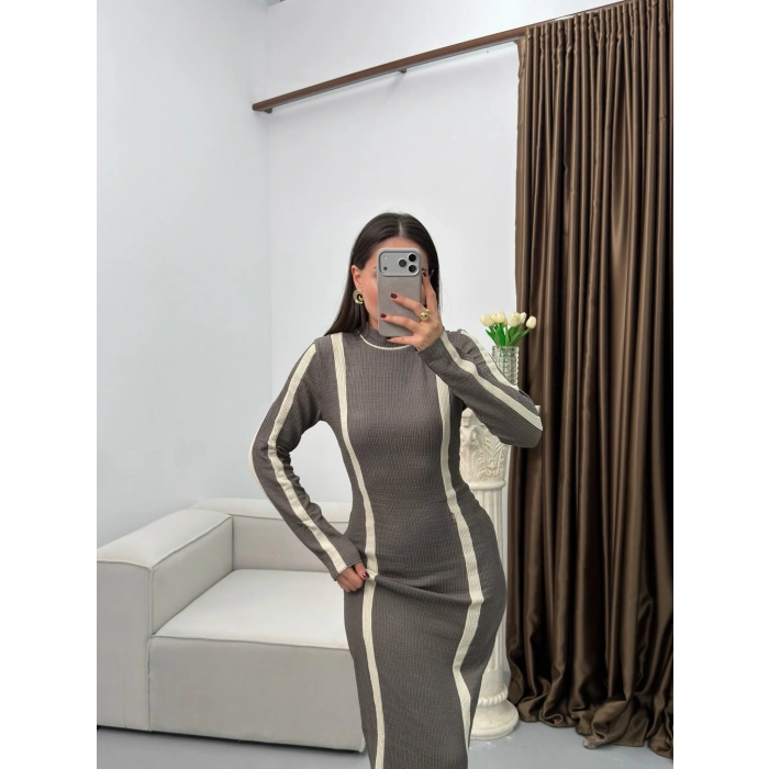 Balıkçı Yaka Garnili Elbise - GRİ