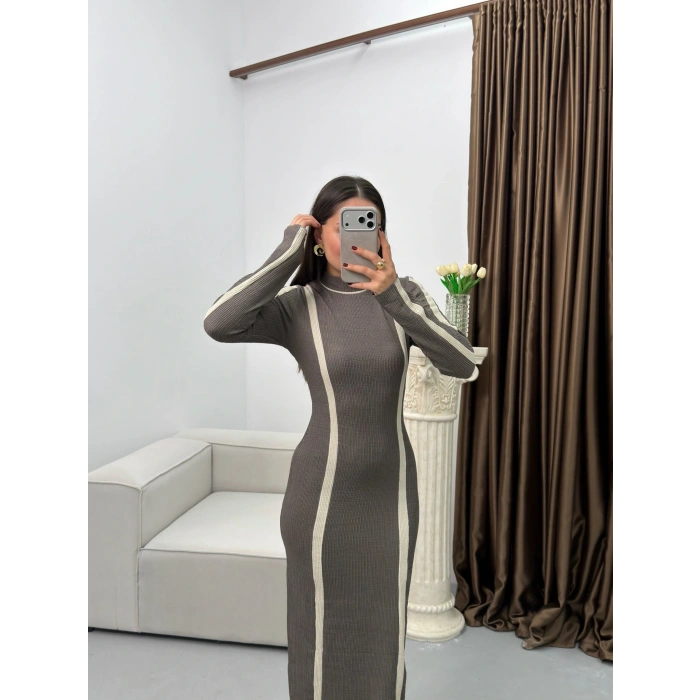 Balıkçı Yaka Garnili Elbise - GRİ