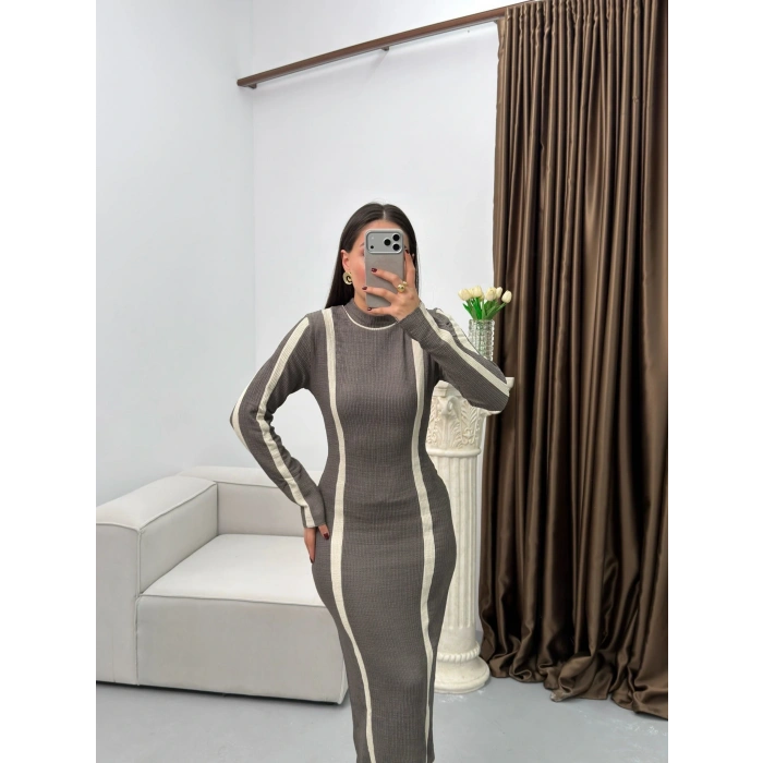 Balıkçı Yaka Garnili Elbise - GRİ