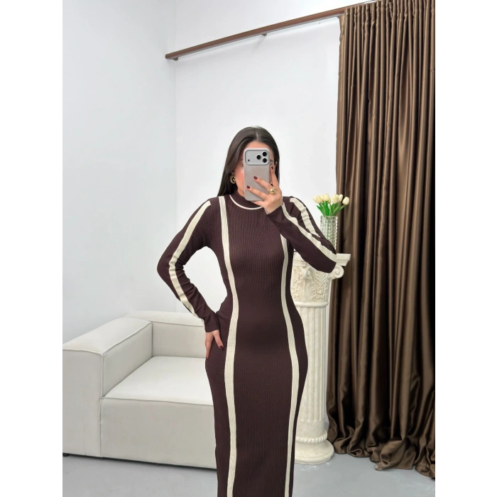 Balıkçı Yaka Garnili Elbise - KAHVE