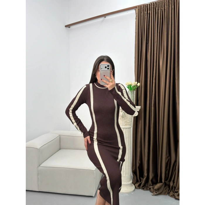 Balıkçı Yaka Garnili Elbise - KAHVE