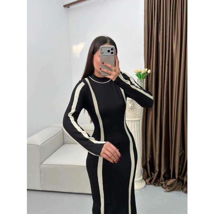 Balıkçı Yaka Garnili Elbise - SİYAH