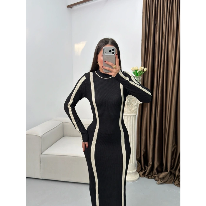 Balıkçı Yaka Garnili Elbise - SİYAH