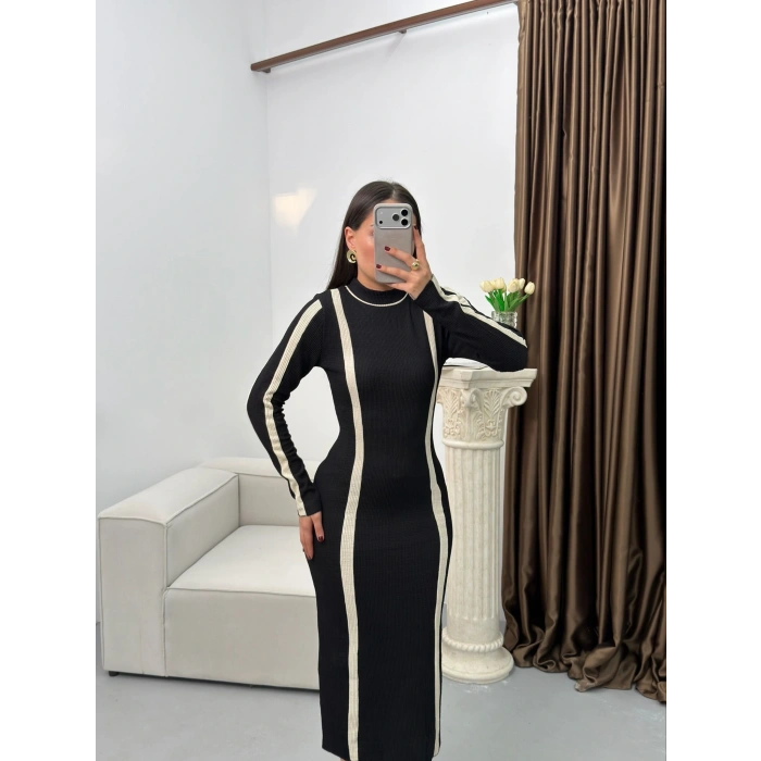 Balıkçı Yaka Garnili Elbise - SİYAH