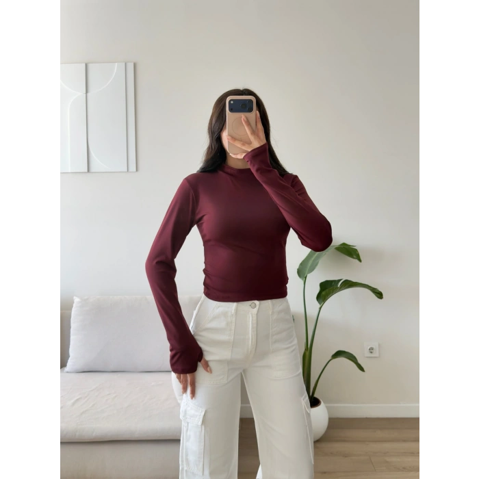 Balıkçı Yaka Parmak Geçmeli Bluz - BORDO