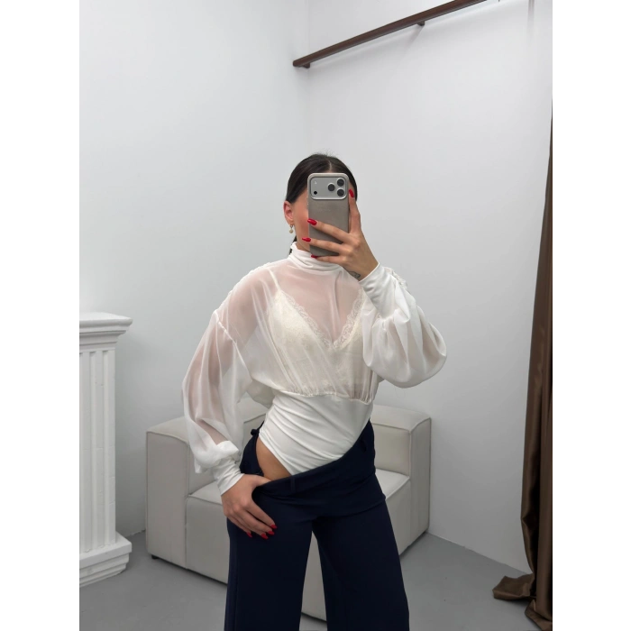 Balıkçı Yaka Şifon Bodysuit - BEYAZ
