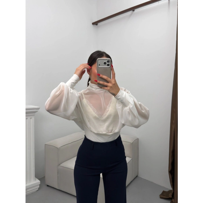 Balıkçı Yaka Şifon Bodysuit - BEYAZ
