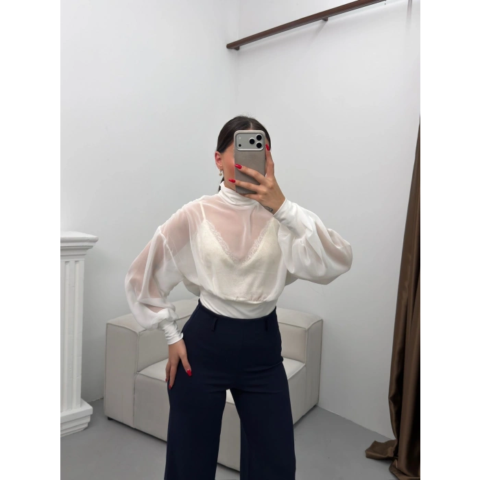 Balıkçı Yaka Şifon Bodysuit - BEYAZ