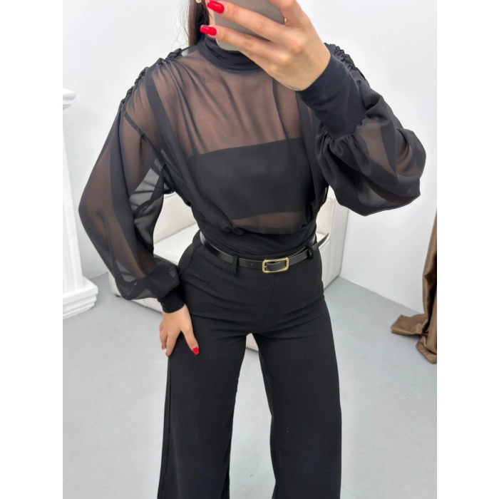 Balıkçı Yaka Şifon Bodysuit - SİYAH