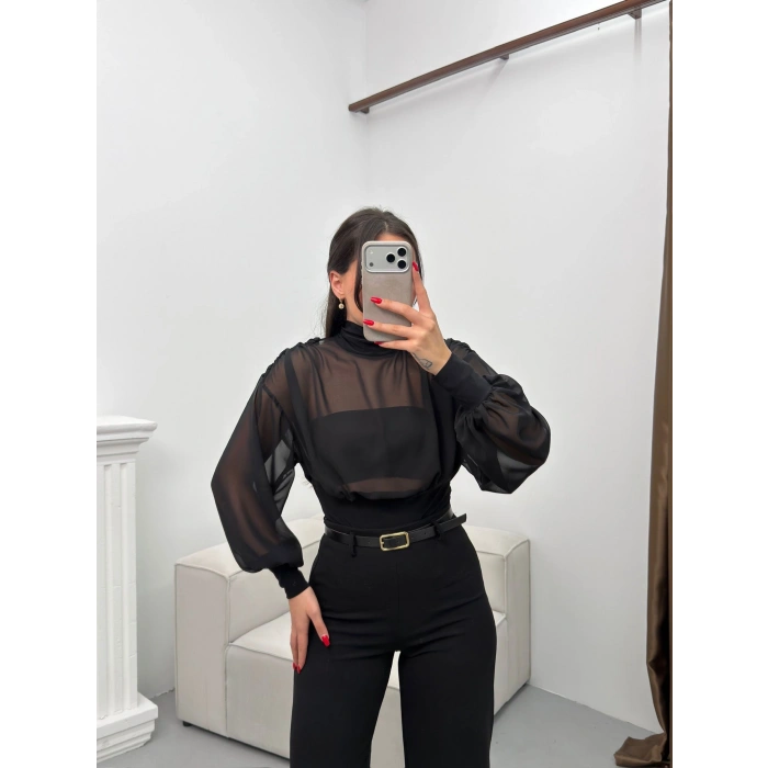 Balıkçı Yaka Şifon Bodysuit - SİYAH