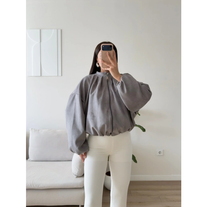 Balon Kol Süet Bomber Ceket - GRİ