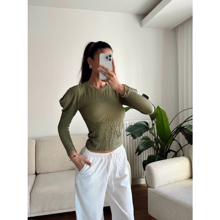 Balon Omuz Gofre Crop