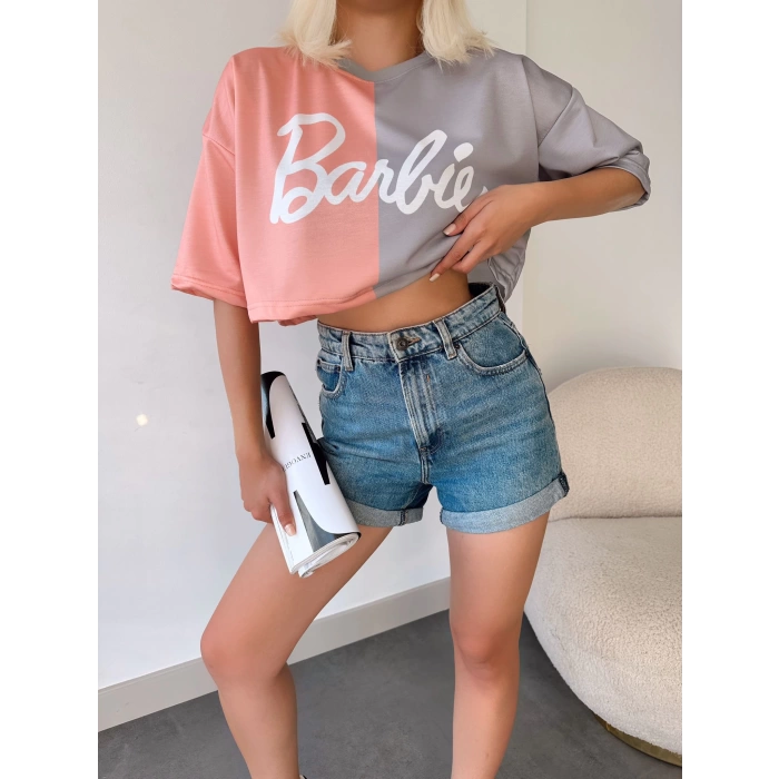 Barbie Çift Renk Detay Crop T-shirt