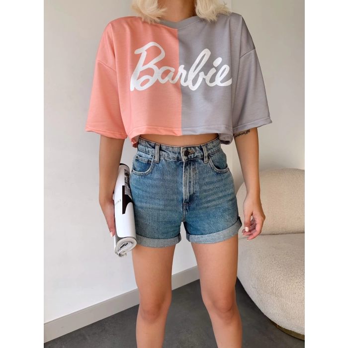 Barbie Çift Renk Detay Crop T-shirt