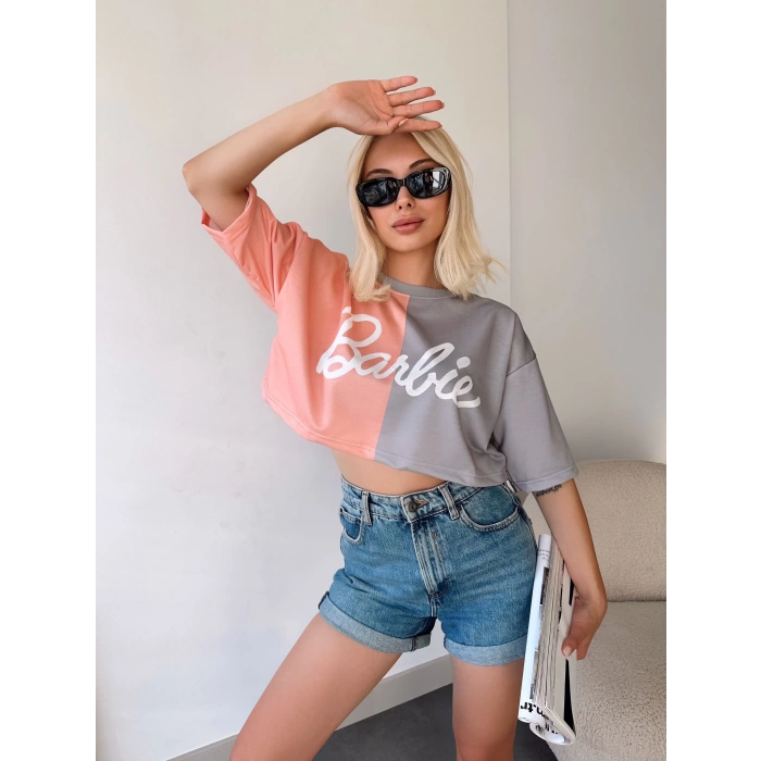 Barbie Çift Renk Detay Crop T-shirt