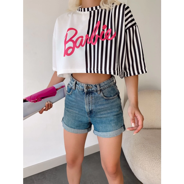 Barbie Dikine Çizgili Crop T-shirt