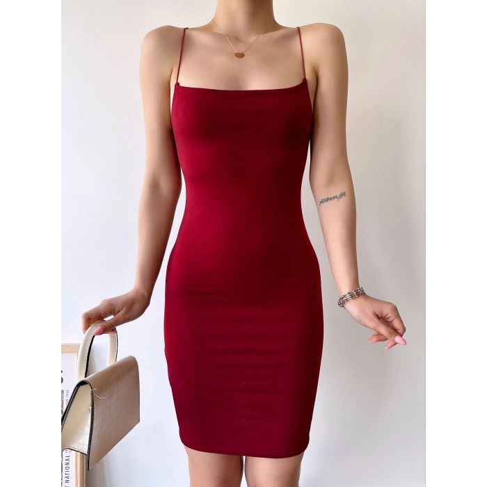 Basic Askılı Elbise-BORDO