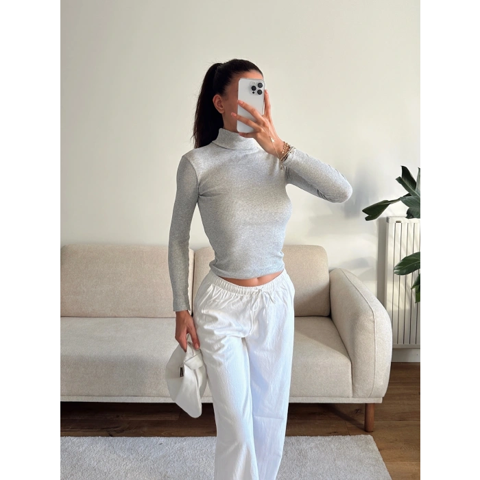 Basic Balıkçı Yaka Fit Bluz - GRİ