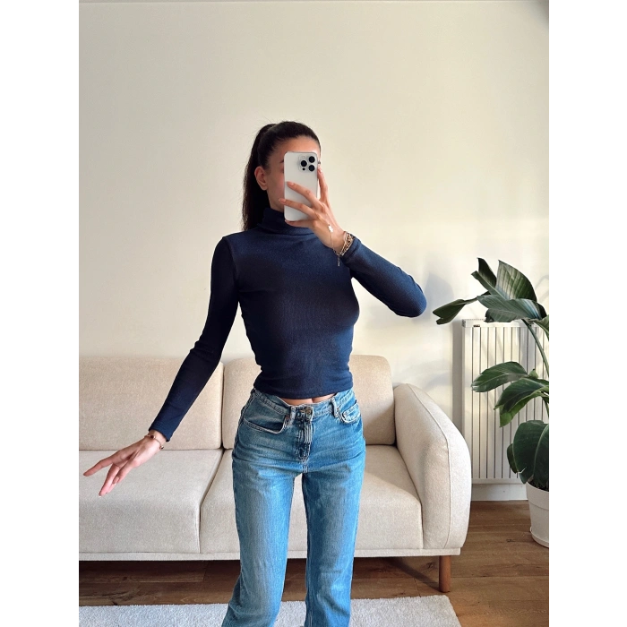 Basic Balıkçı Yaka Fit Bluz - LACİVERT