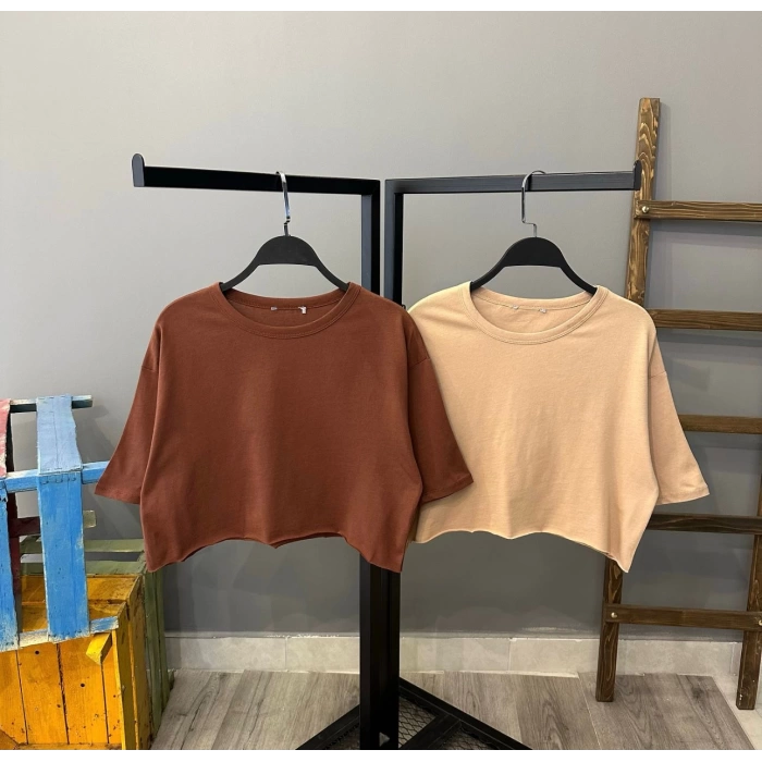 Basic Crop T-shirt-KAHVE