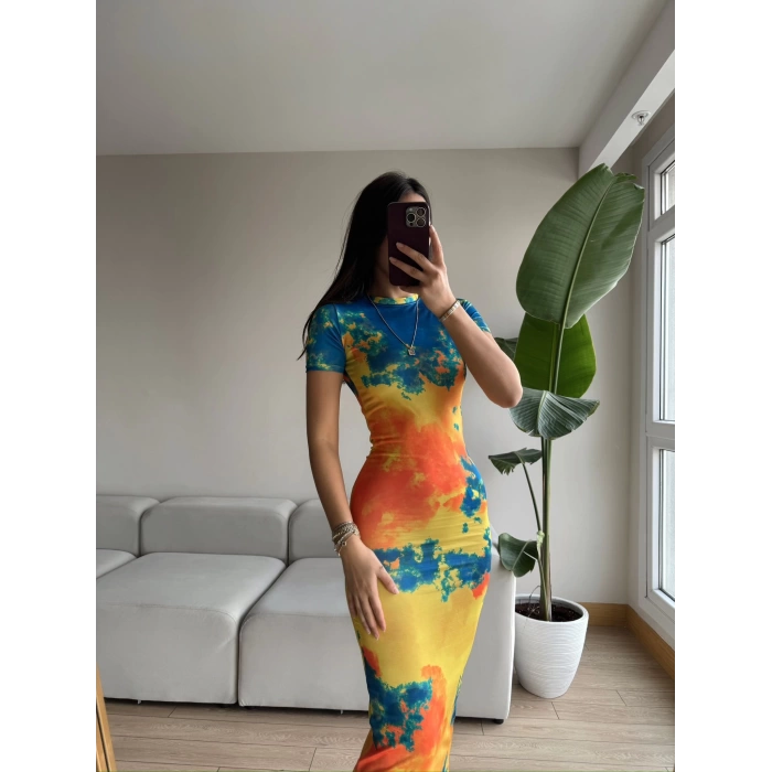 Batik Detay Uzun Elbise-Desenli