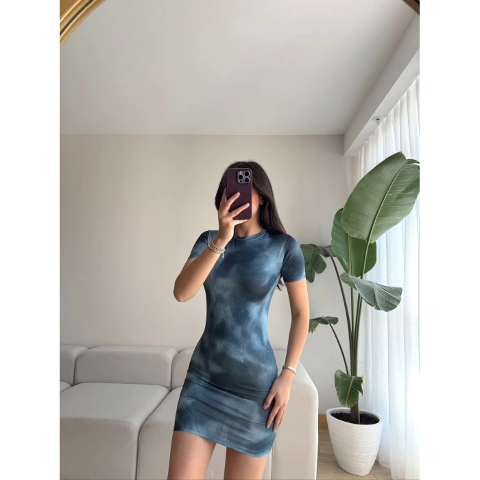 Batik Dijital Mini Elbise - MAVİ