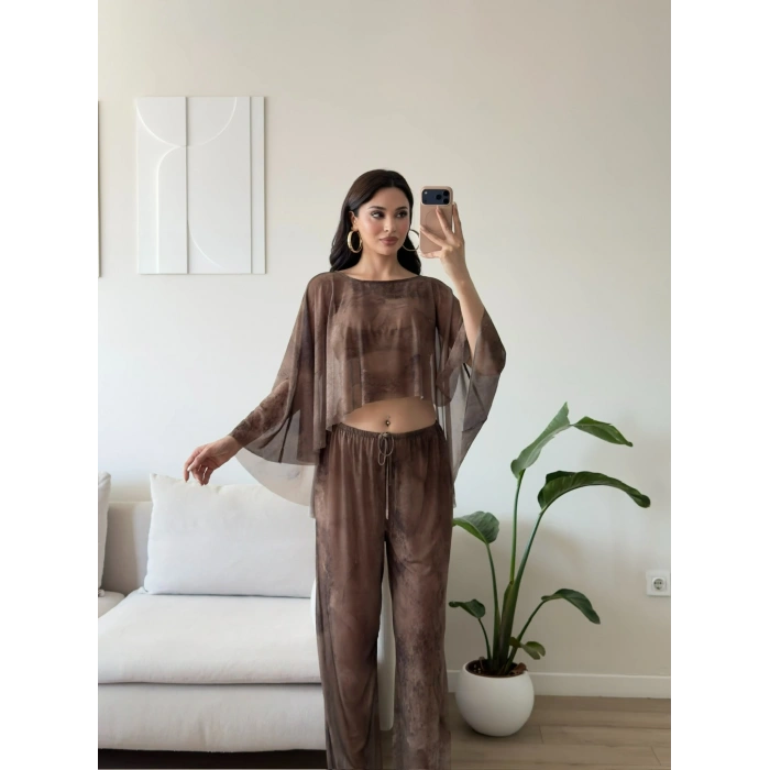Batik Yıkamalı Pareo Takım - KAHVE