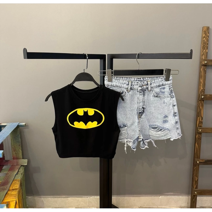 Batman Baskılı Kolsuz Crop T-shirt