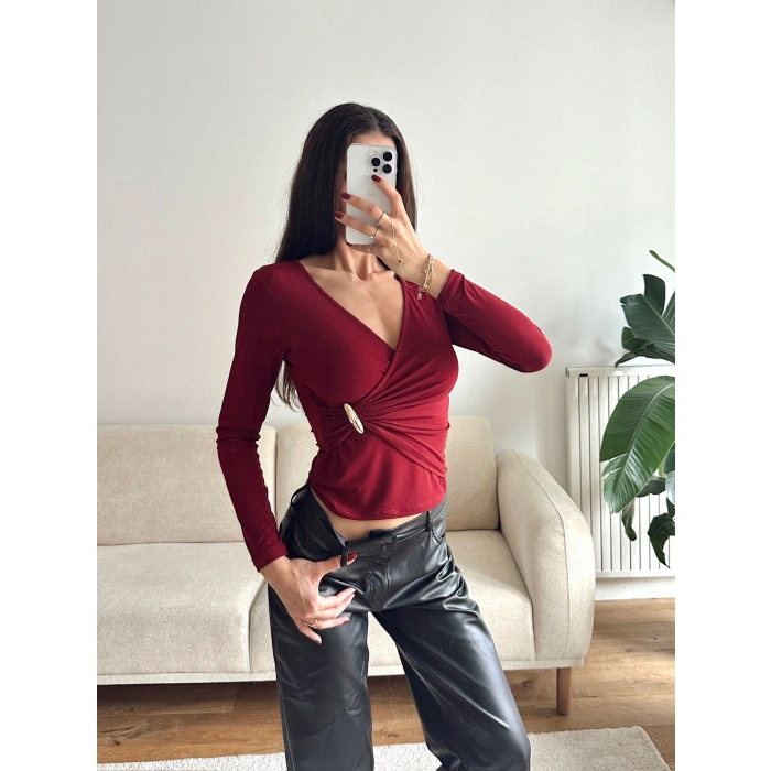 Bel Aksesuar Kruvaze Bluz - BORDO
