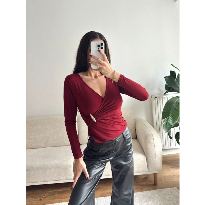 Bel Aksesuar Kruvaze Bluz - BORDO