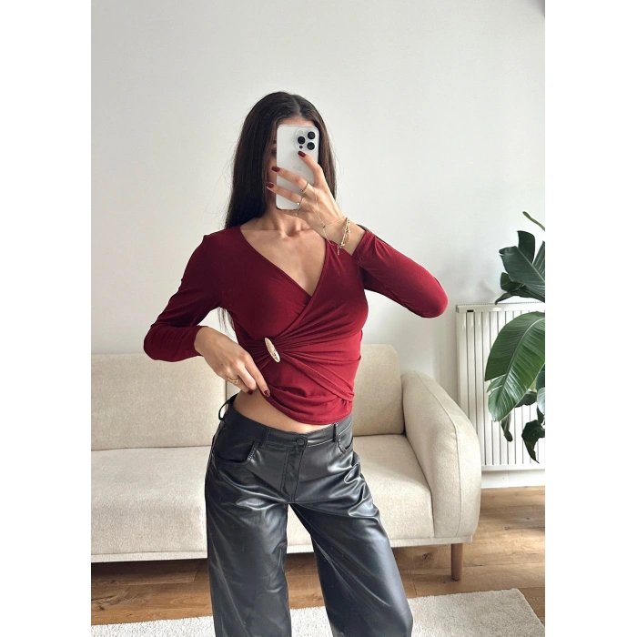 Bel Aksesuar Kruvaze Bluz - BORDO