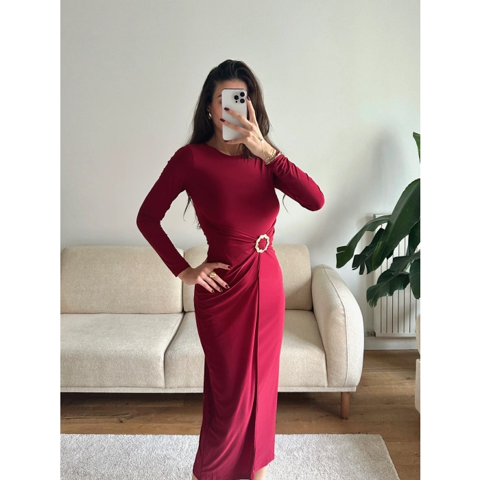 Bel Aksesuar Long Elbise - BORDO