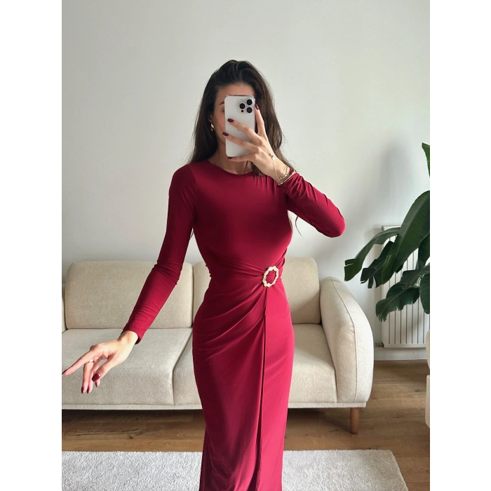 Bel Aksesuar Long Elbise - BORDO