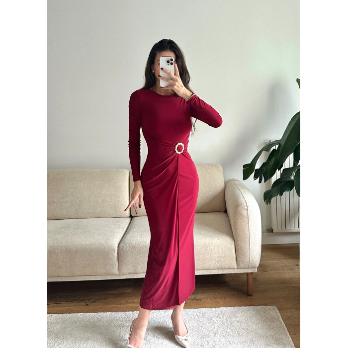 Bel Aksesuar Long Elbise - BORDO