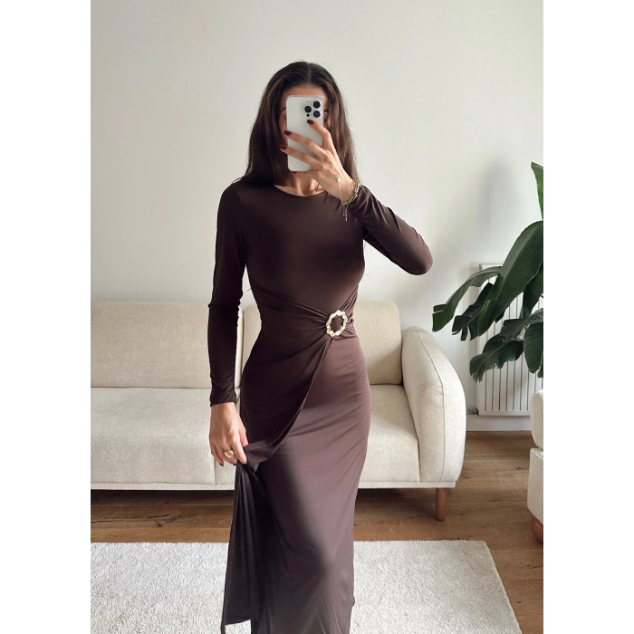 Bel Aksesuar Long Elbise - KAHVE