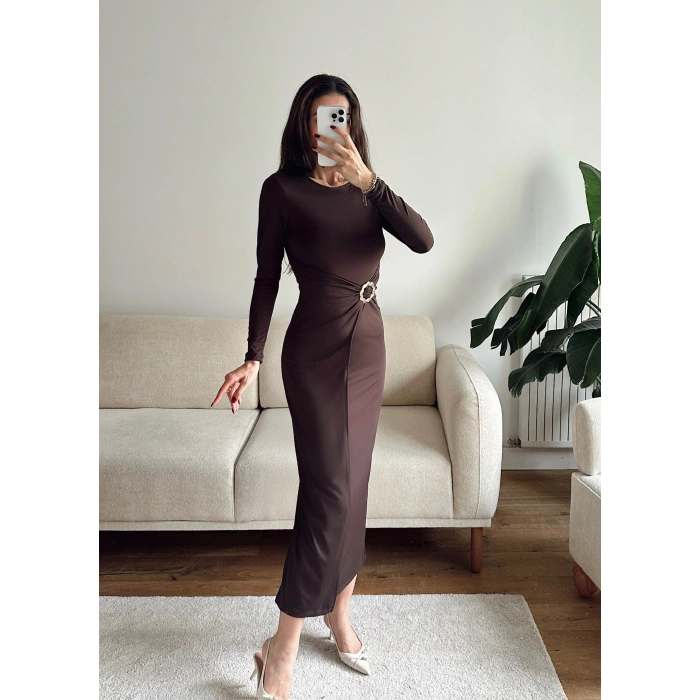 Bel Aksesuar Long Elbise - KAHVE