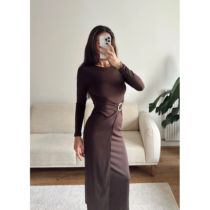 Bel Aksesuar Long Elbise - KAHVE