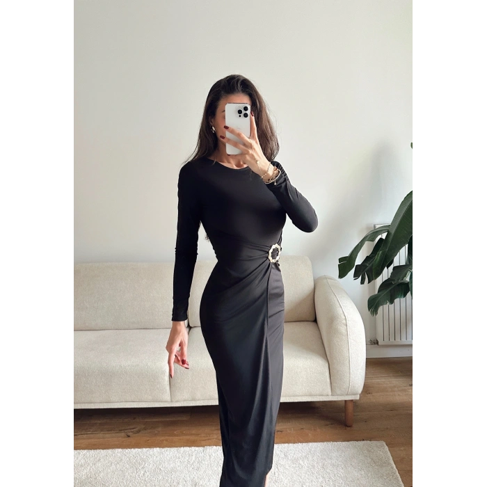 Bel Aksesuar Long Elbise - SİYAH