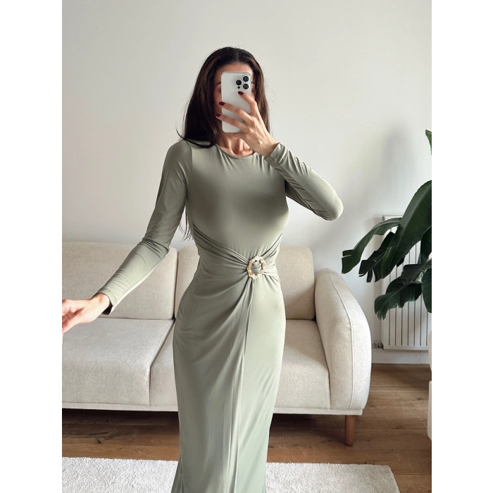 Bel Aksesuar Long Elbise - YEŞİL