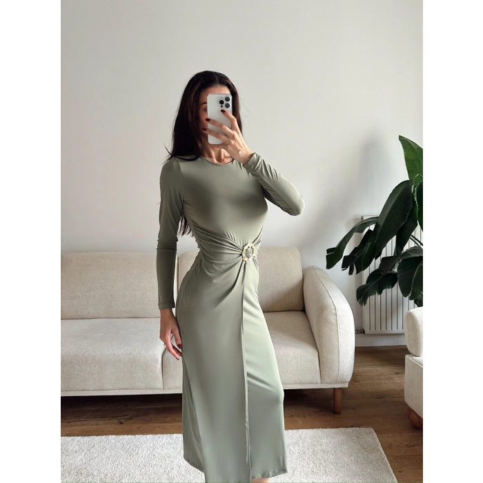 Bel Aksesuar Long Elbise - YEŞİL