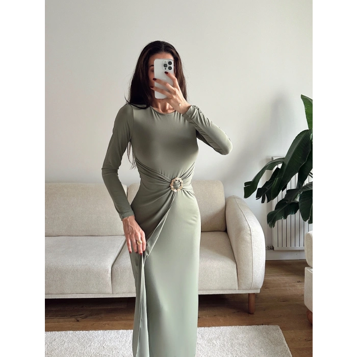 Bel Aksesuar Long Elbise - YEŞİL