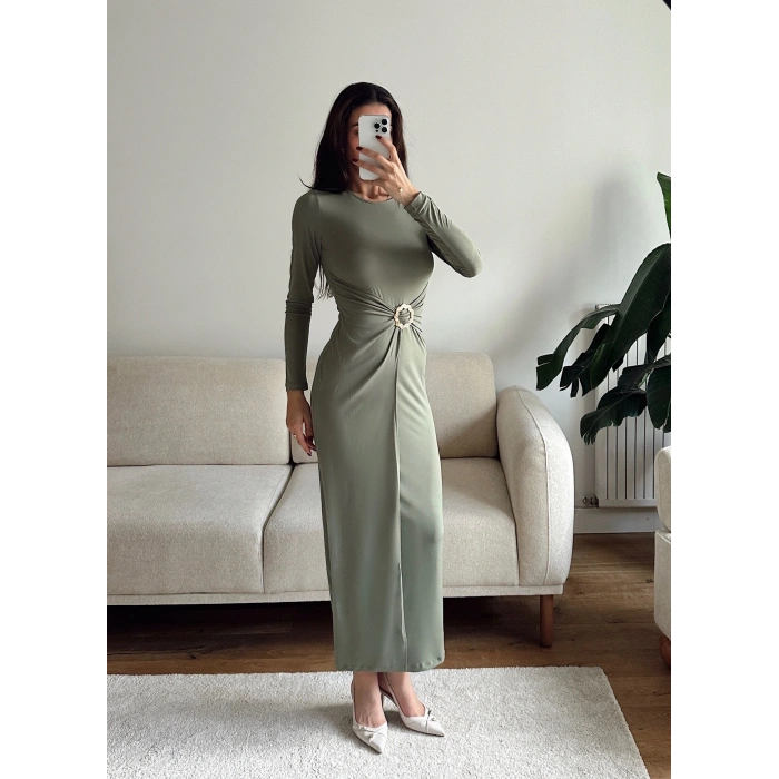 Bel Aksesuar Long Elbise - YEŞİL